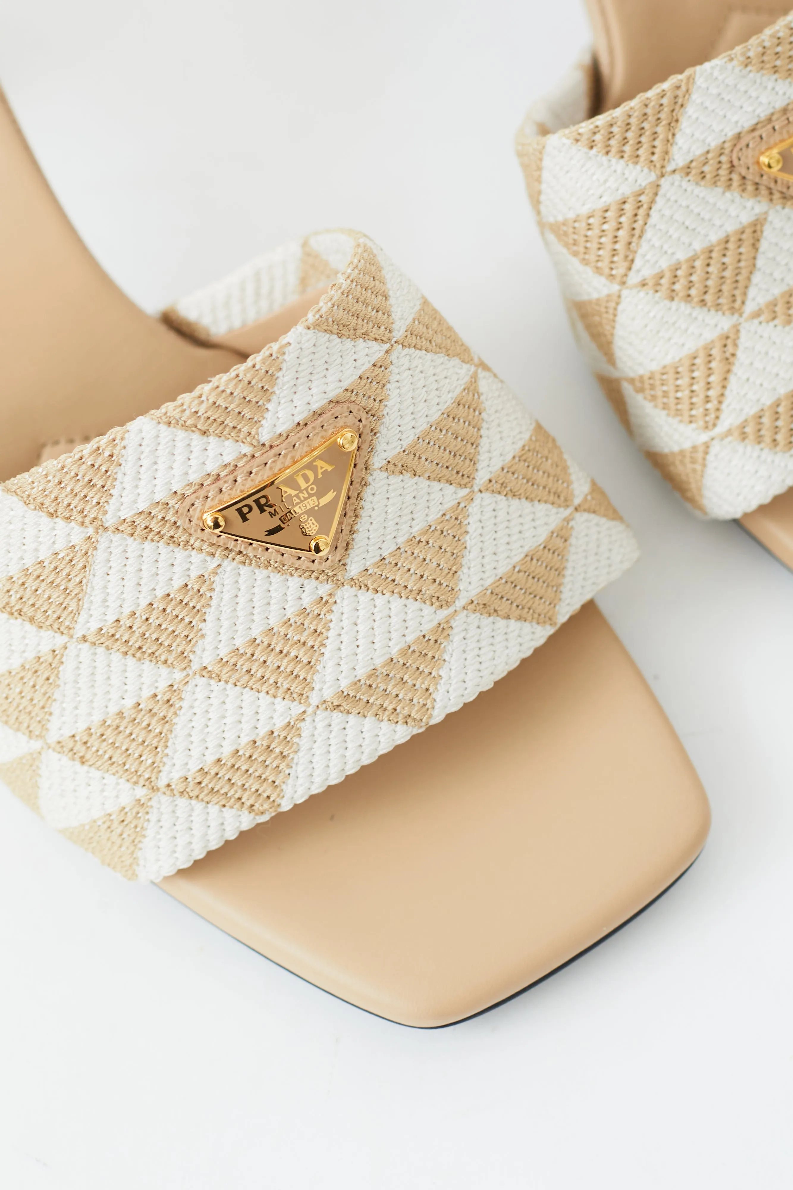 Beige Canvas Symbole Embroidered Heeled Sandal