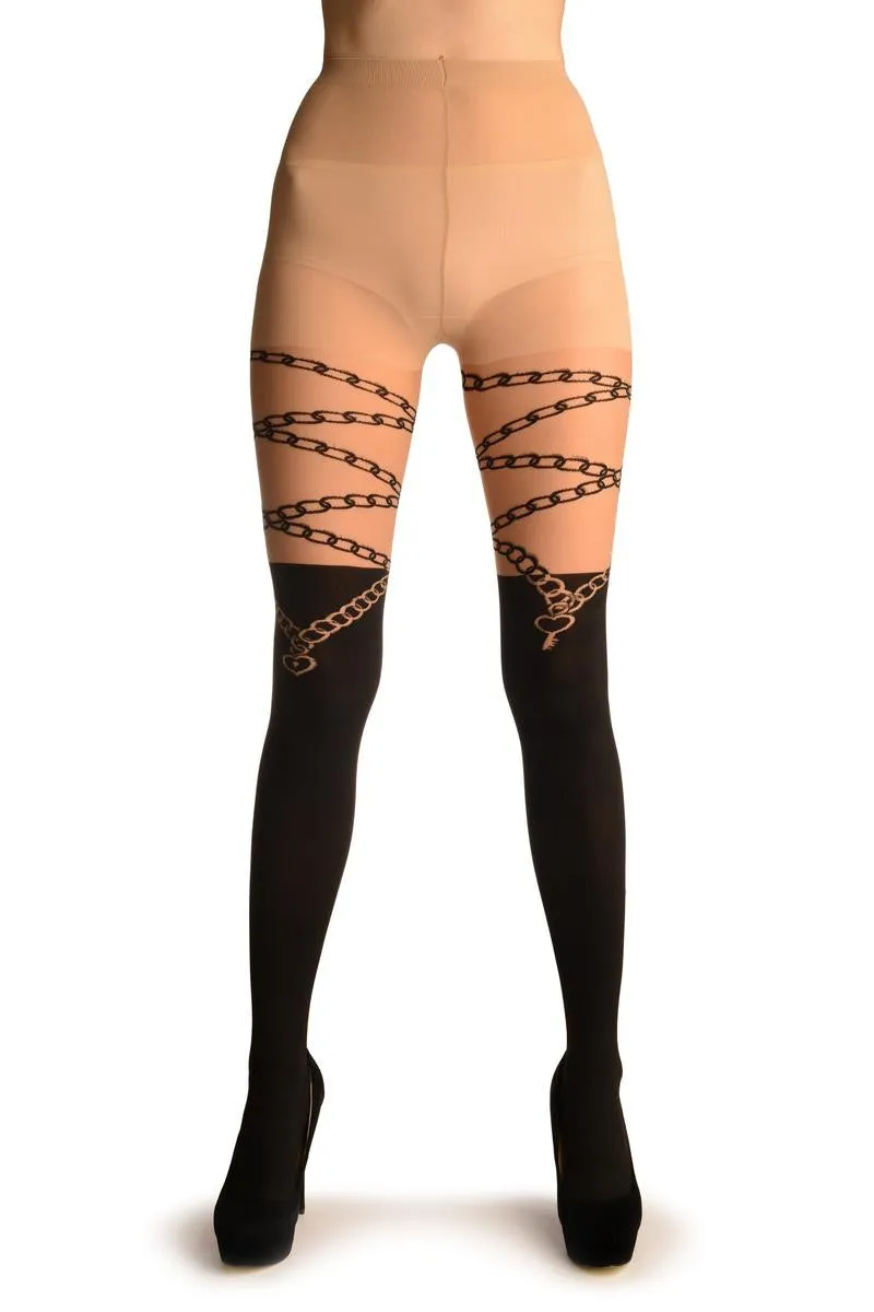 Black Faux Stockings With Lock & Key Wrapping Chain