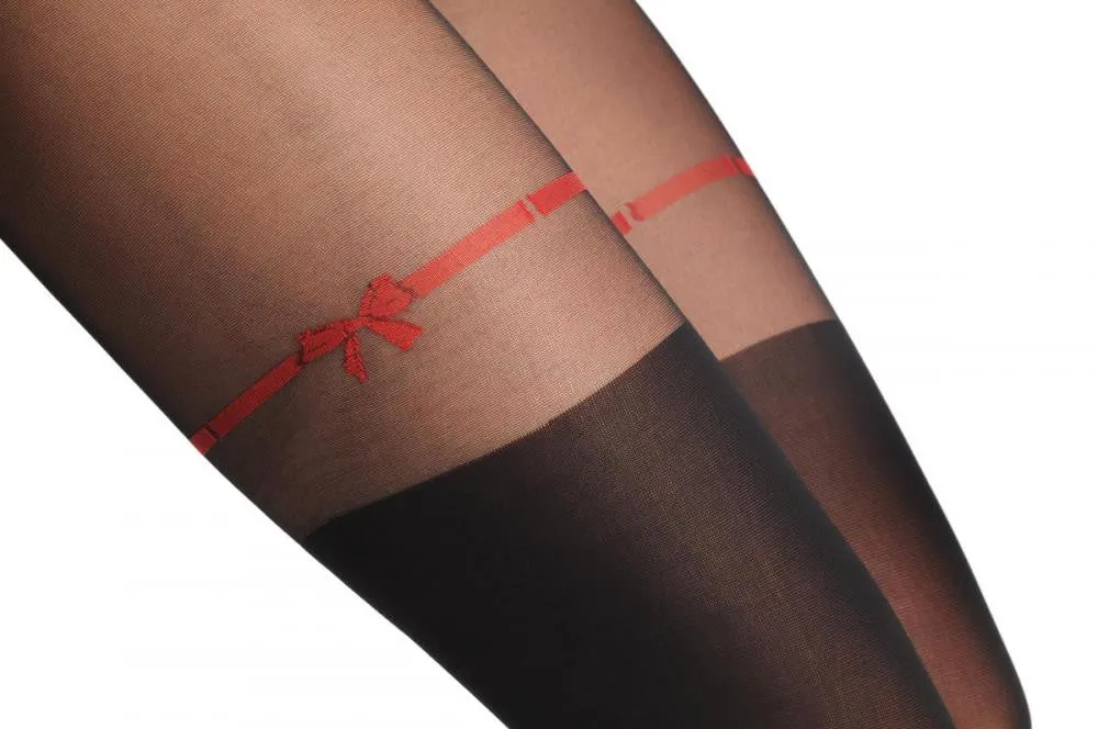 Black Faux Stockings With Red Ribbon & Bow 60 Den