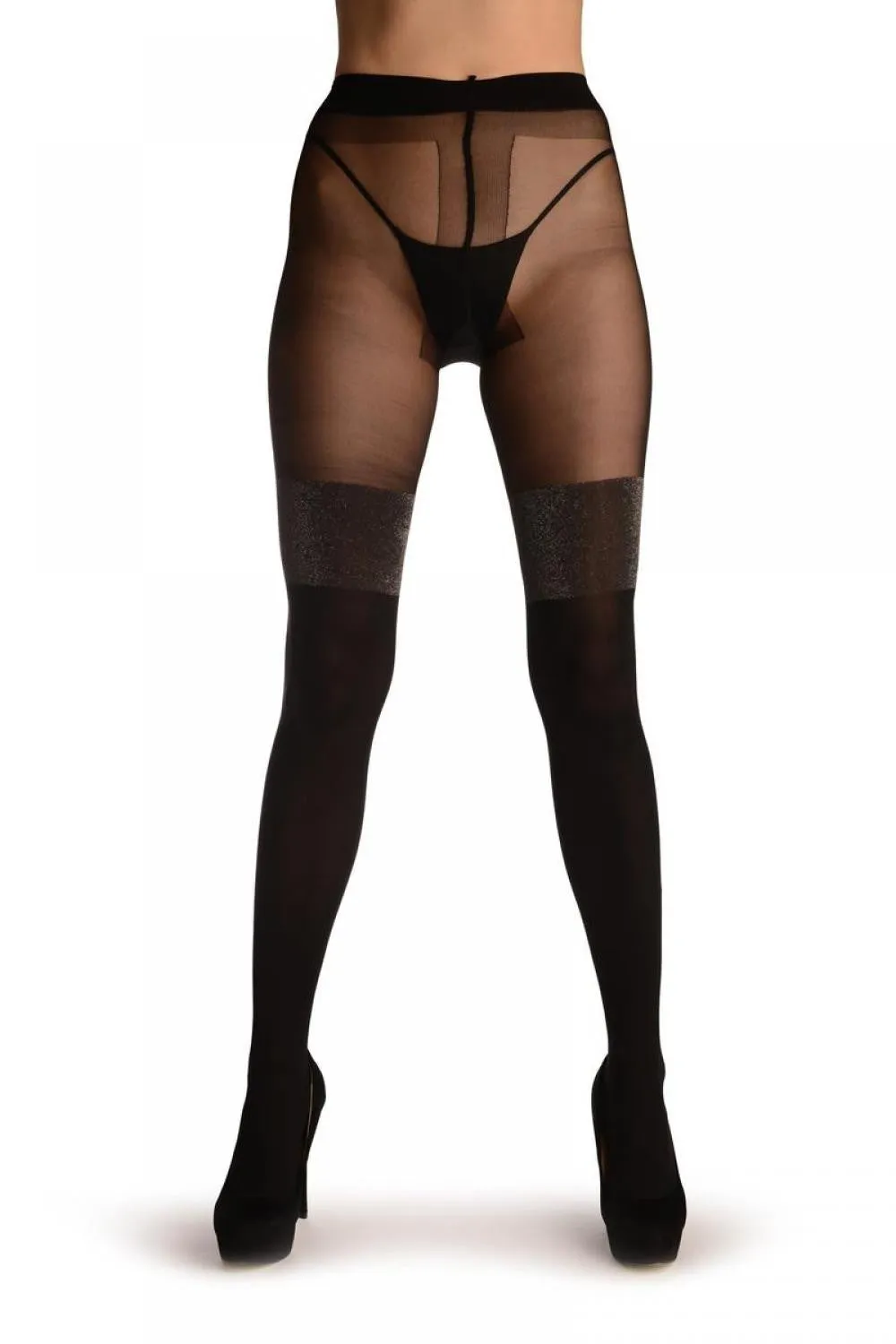Black Faux Stockings With Silver Lurex Top