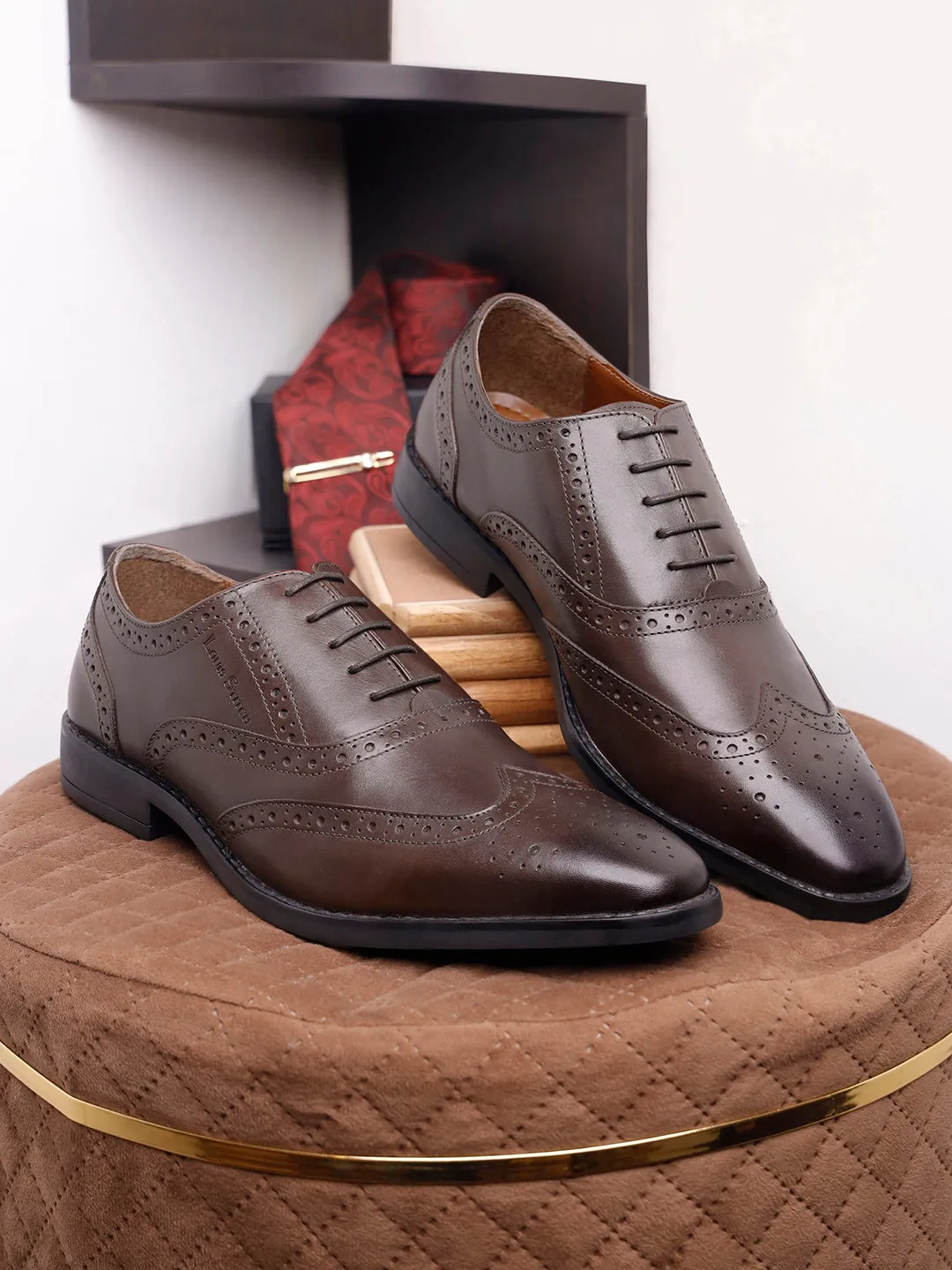 Brunette Brown Egyptian Crust Leather Wingtip Brogue Shoes