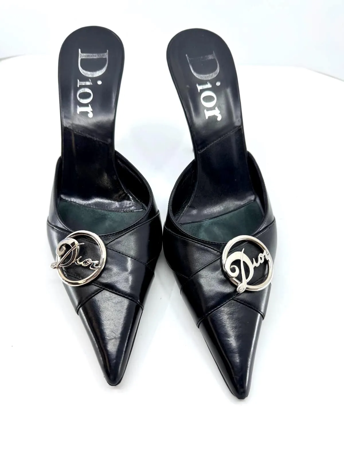 CHRISTIAN DIOR POINTED TOE DIVA LEATHER MULES