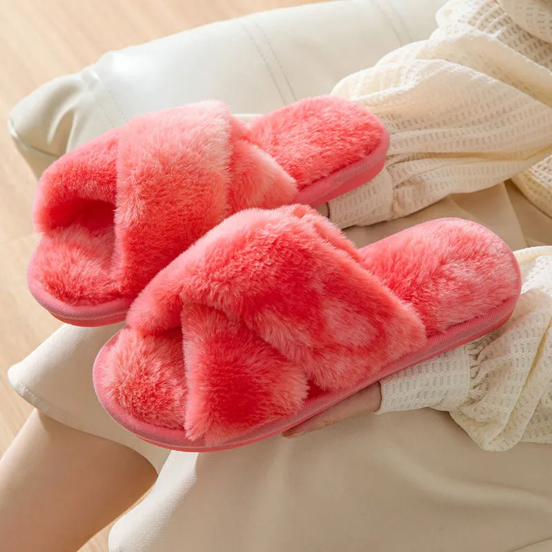 Colorful Cross-Band Open-Toe Plush Slippers for Women