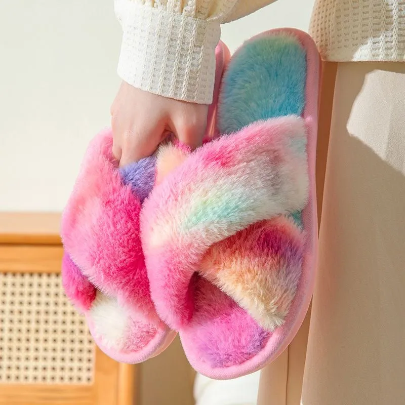 Colorful Cross-Band Open-Toe Plush Slippers for Women
