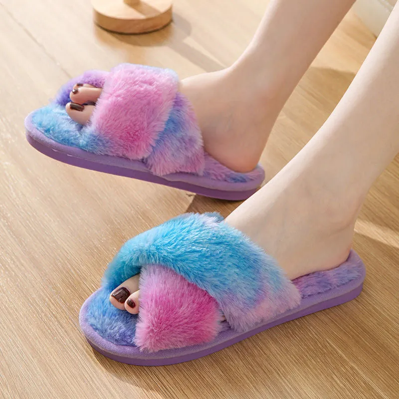 Colorful Cross-Band Open-Toe Plush Slippers for Women