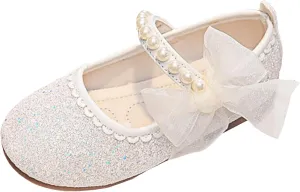 Girls Dress Shoes Kid Toddler Bow Pearls Strap Mary Jane Shoes Flower Girl Wedding Party Glitter Princess Ballet Flat