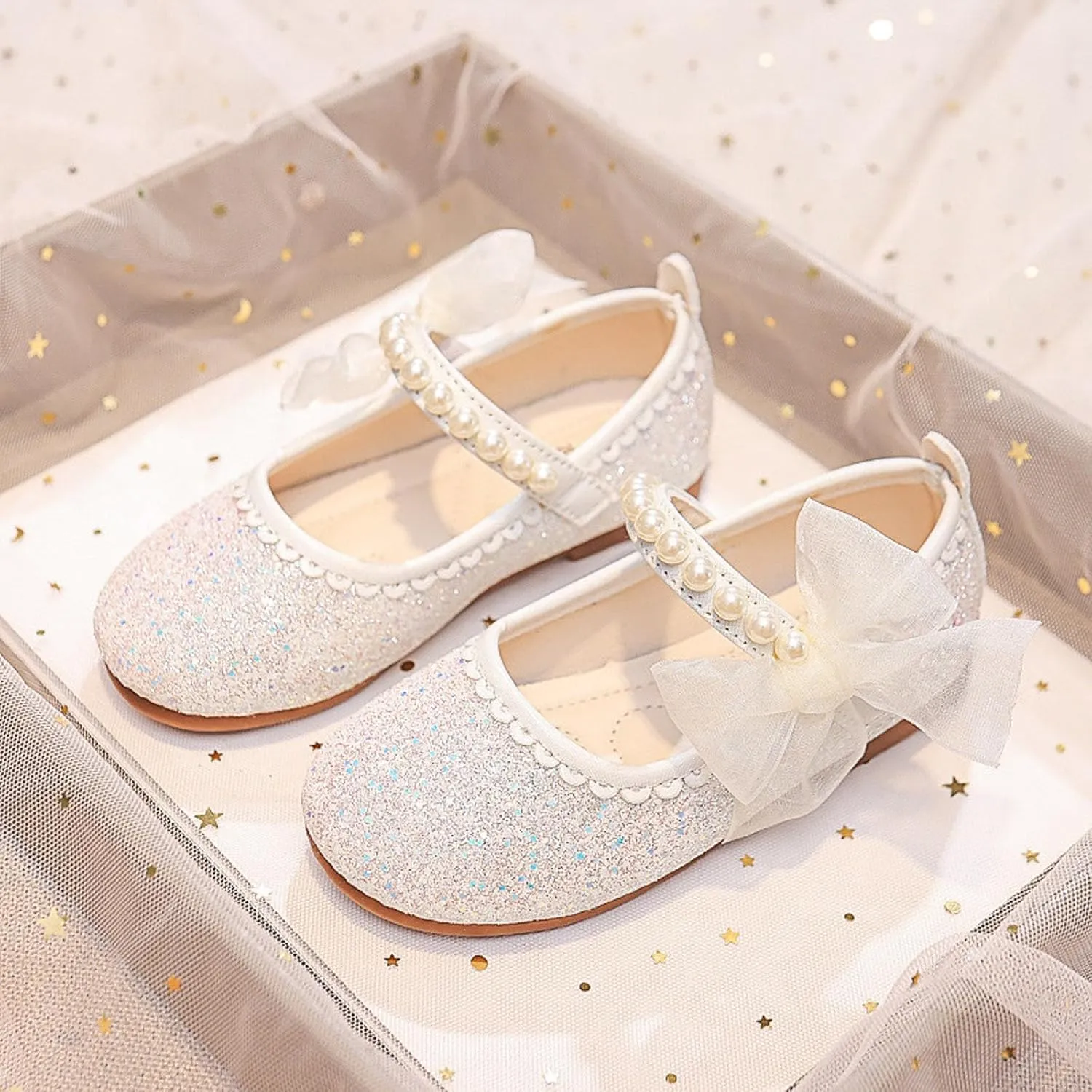 Girls Dress Shoes Kid Toddler Bow Pearls Strap Mary Jane Shoes Flower Girl Wedding Party Glitter Princess Ballet Flat