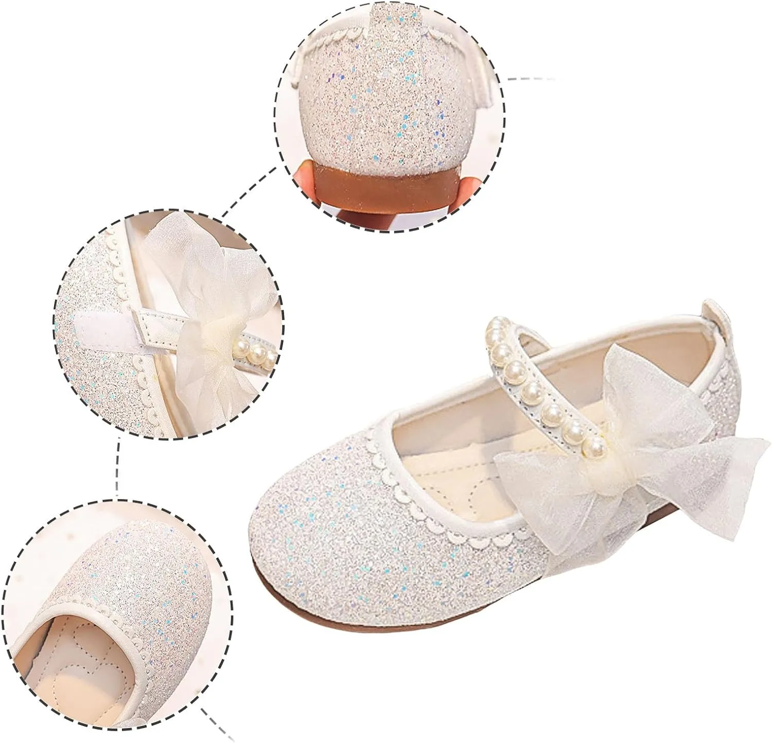 Girls Dress Shoes Kid Toddler Bow Pearls Strap Mary Jane Shoes Flower Girl Wedding Party Glitter Princess Ballet Flat
