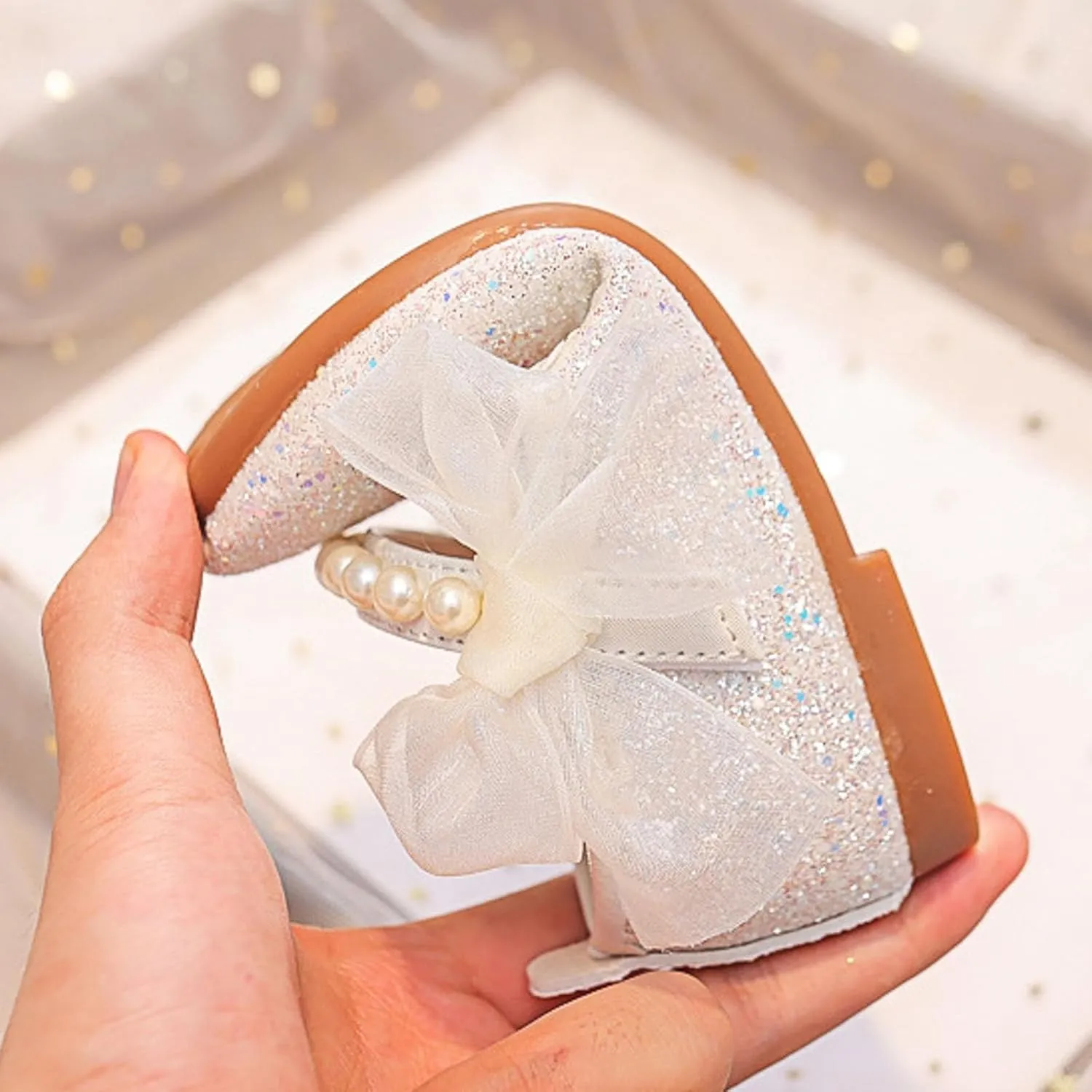 Girls Dress Shoes Kid Toddler Bow Pearls Strap Mary Jane Shoes Flower Girl Wedding Party Glitter Princess Ballet Flat