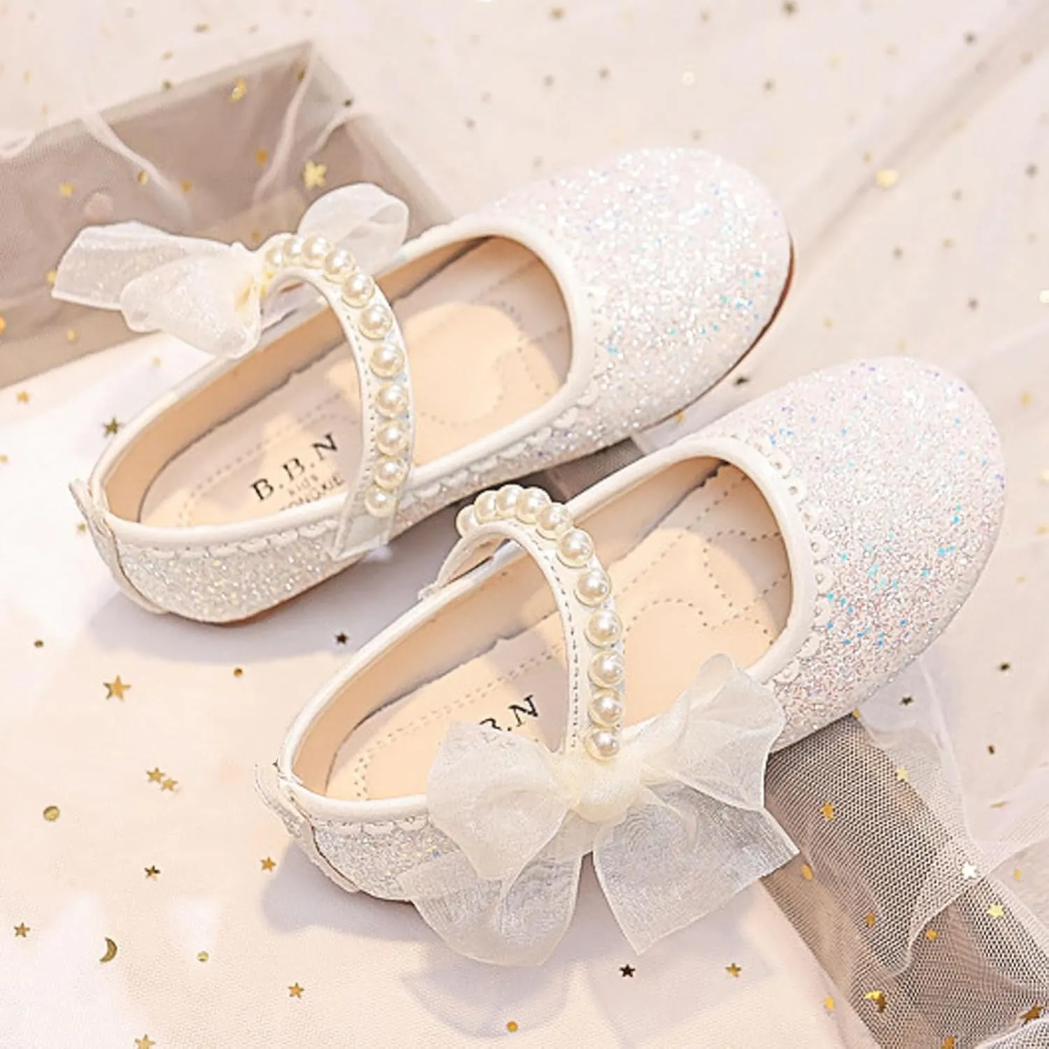 Girls Dress Shoes Kid Toddler Bow Pearls Strap Mary Jane Shoes Flower Girl Wedding Party Glitter Princess Ballet Flat