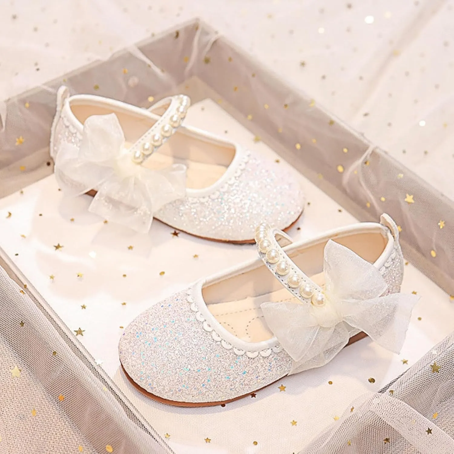 Girls Dress Shoes Kid Toddler Bow Pearls Strap Mary Jane Shoes Flower Girl Wedding Party Glitter Princess Ballet Flat