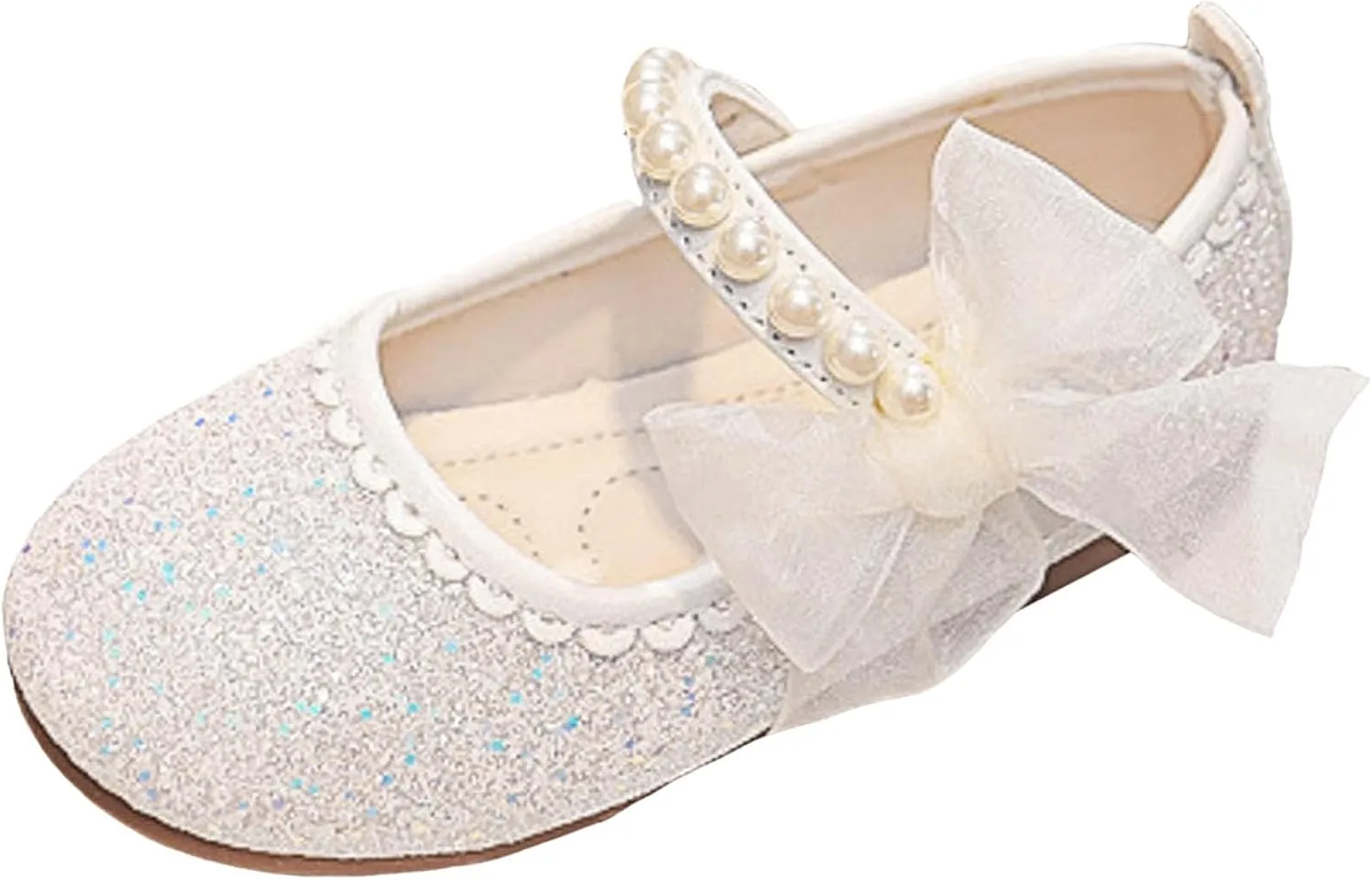 Girls Dress Shoes Kid Toddler Bow Pearls Strap Mary Jane Shoes Flower Girl Wedding Party Glitter Princess Ballet Flat
