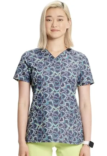 Infinity Cherokee Women V-Neck Print Top with 2 Pocket Princess Seams with Logo Metal O-Ring CK634