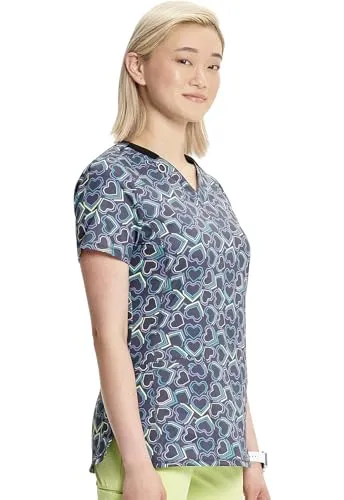 Infinity Cherokee Women V-Neck Print Top with 2 Pocket Princess Seams with Logo Metal O-Ring CK634