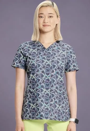 Infinity Cherokee Women V-Neck Print Top with 2 Pocket Princess Seams with Logo Metal O-Ring CK634