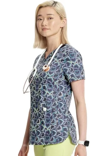 Infinity Cherokee Women V-Neck Print Top with 2 Pocket Princess Seams with Logo Metal O-Ring CK634