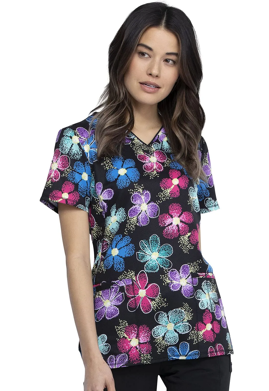 Infinity Cherokee Women V-Neck Print Top with 2 Pocket Princess Seams with Logo Metal O-Ring CK634