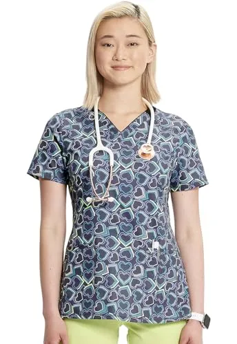 Infinity Cherokee Women V-Neck Print Top with 2 Pocket Princess Seams with Logo Metal O-Ring CK634