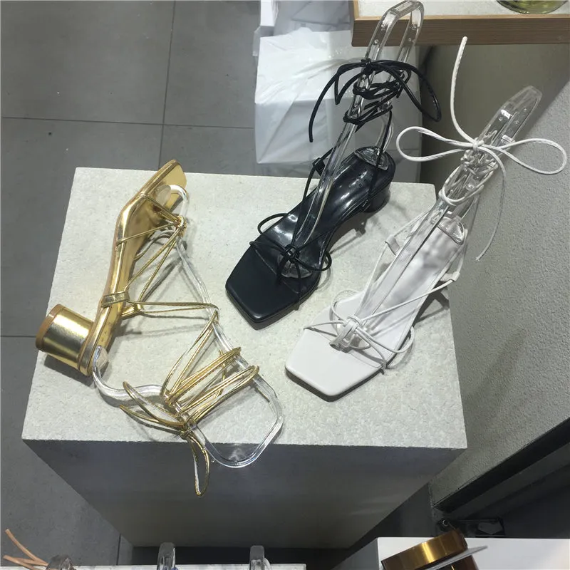 LUXE SEVEN DESIGN CROSS STRAP HEELED SANDALS