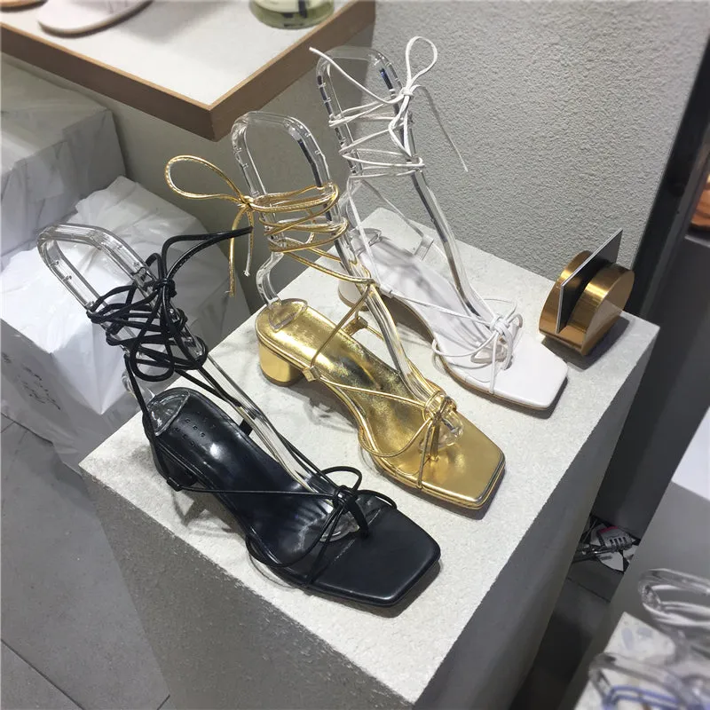 LUXE SEVEN DESIGN CROSS STRAP HEELED SANDALS