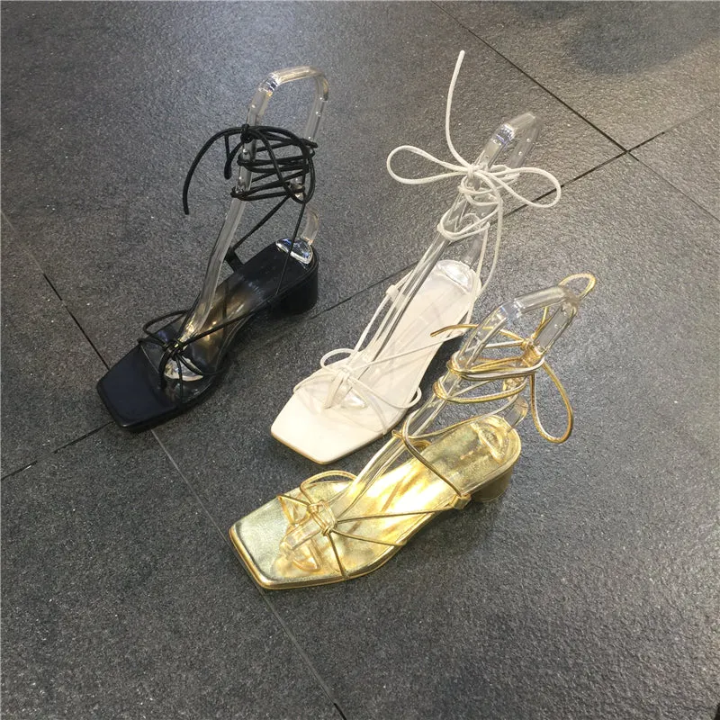 LUXE SEVEN DESIGN CROSS STRAP HEELED SANDALS