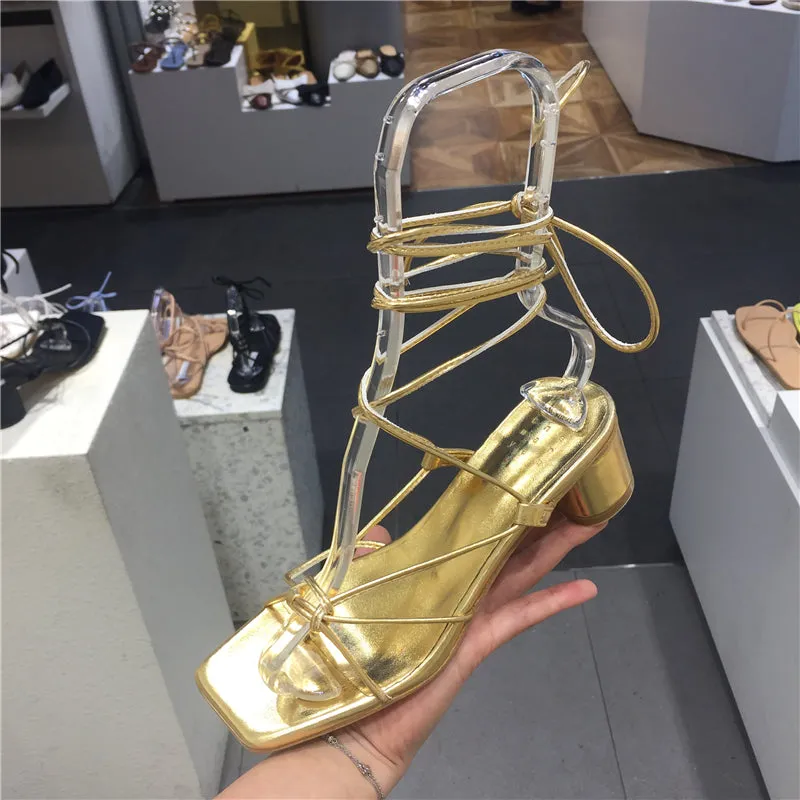 LUXE SEVEN DESIGN CROSS STRAP HEELED SANDALS