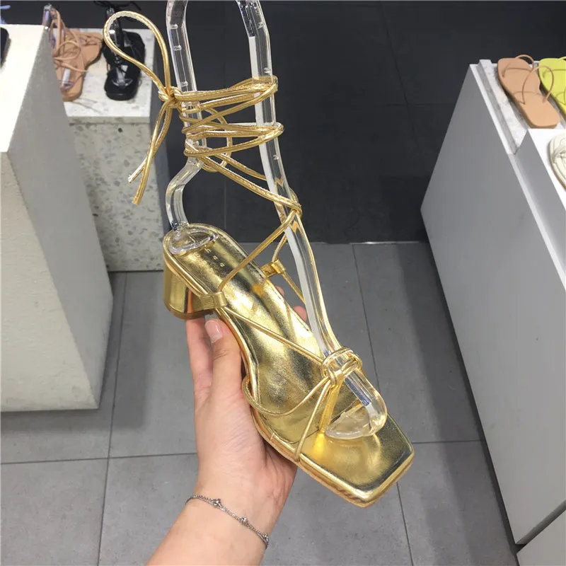 LUXE SEVEN DESIGN CROSS STRAP HEELED SANDALS