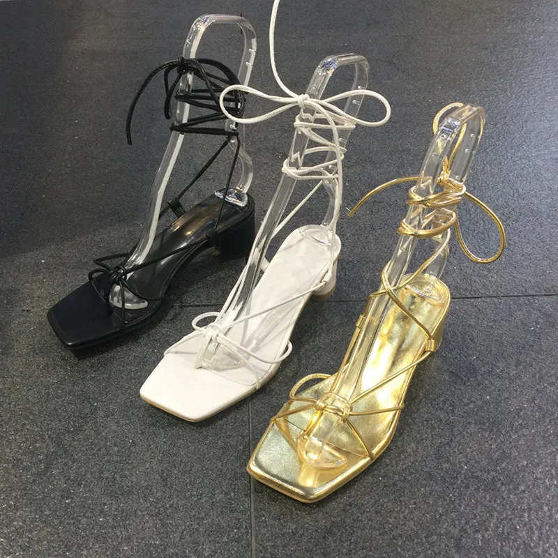 LUXE SEVEN DESIGN CROSS STRAP HEELED SANDALS