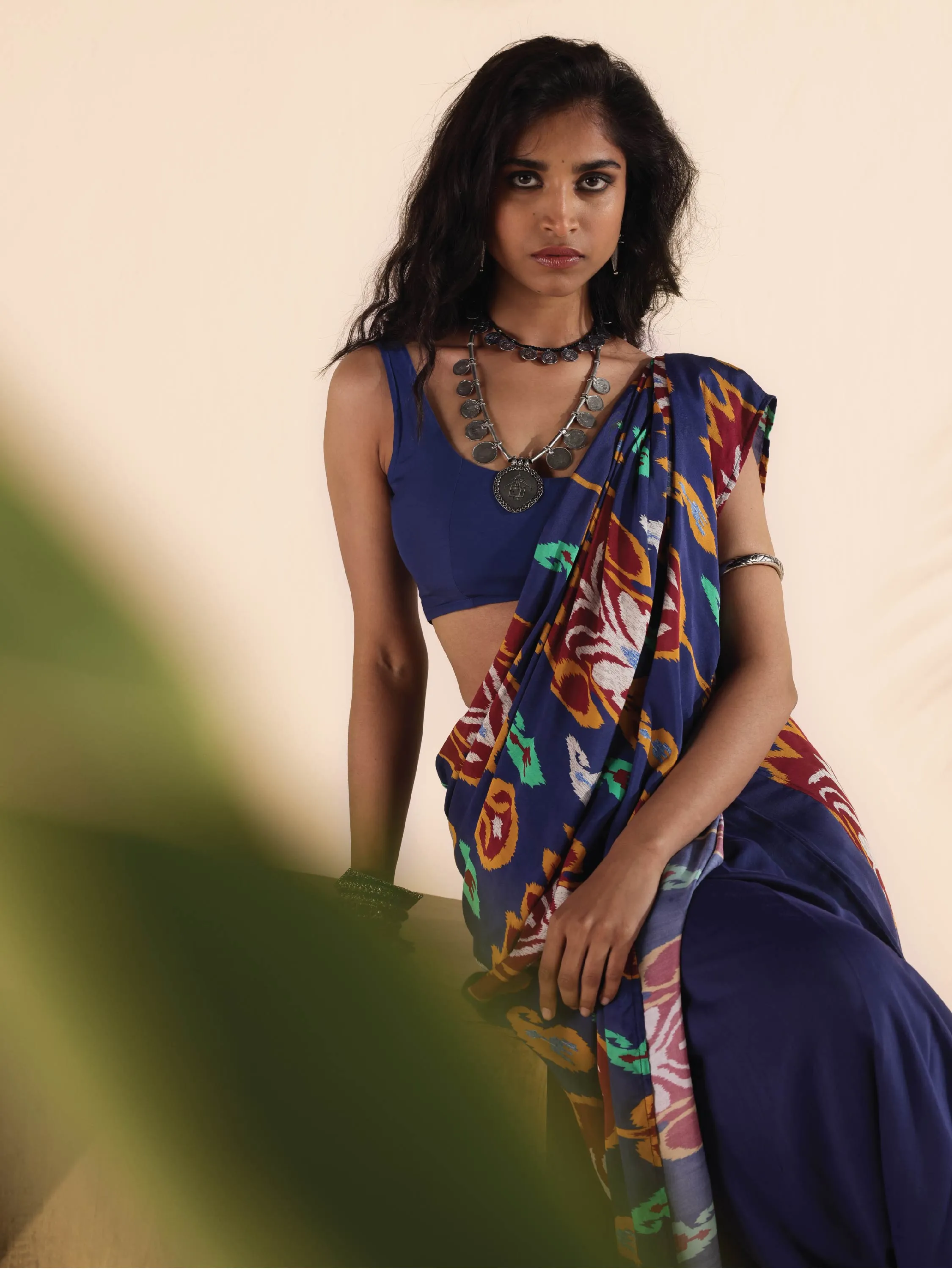 trueBrowns Purple Muslin Ikat Ready to Wear Saree