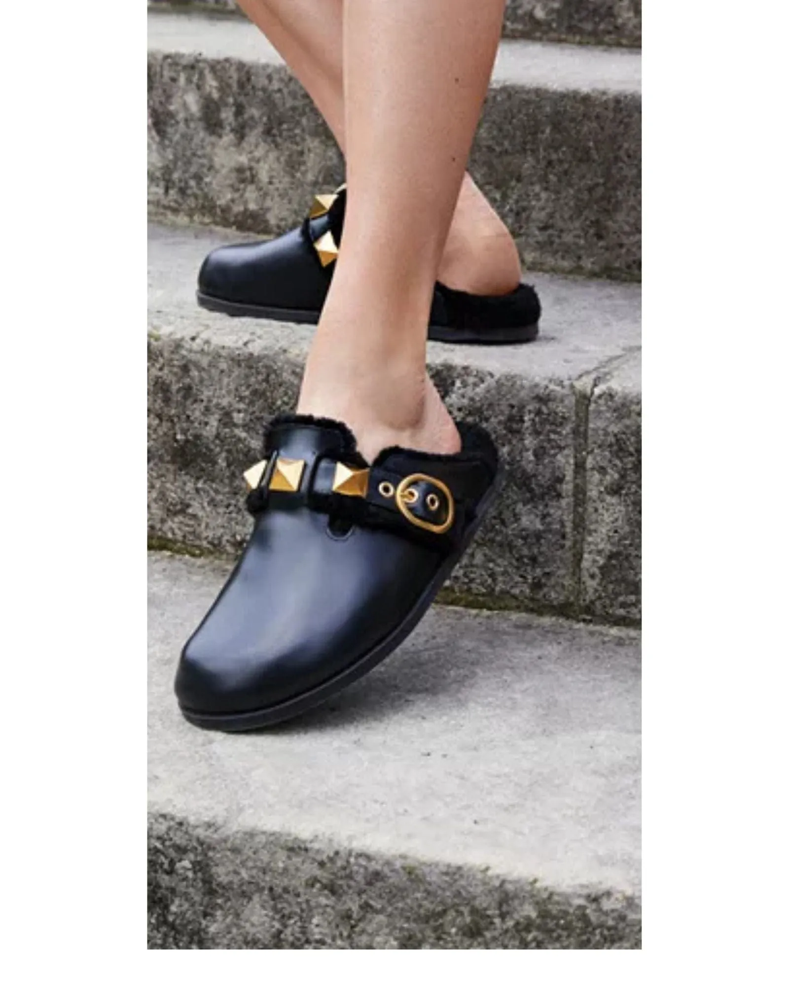 Valentino Roman Stud Shearling Mules