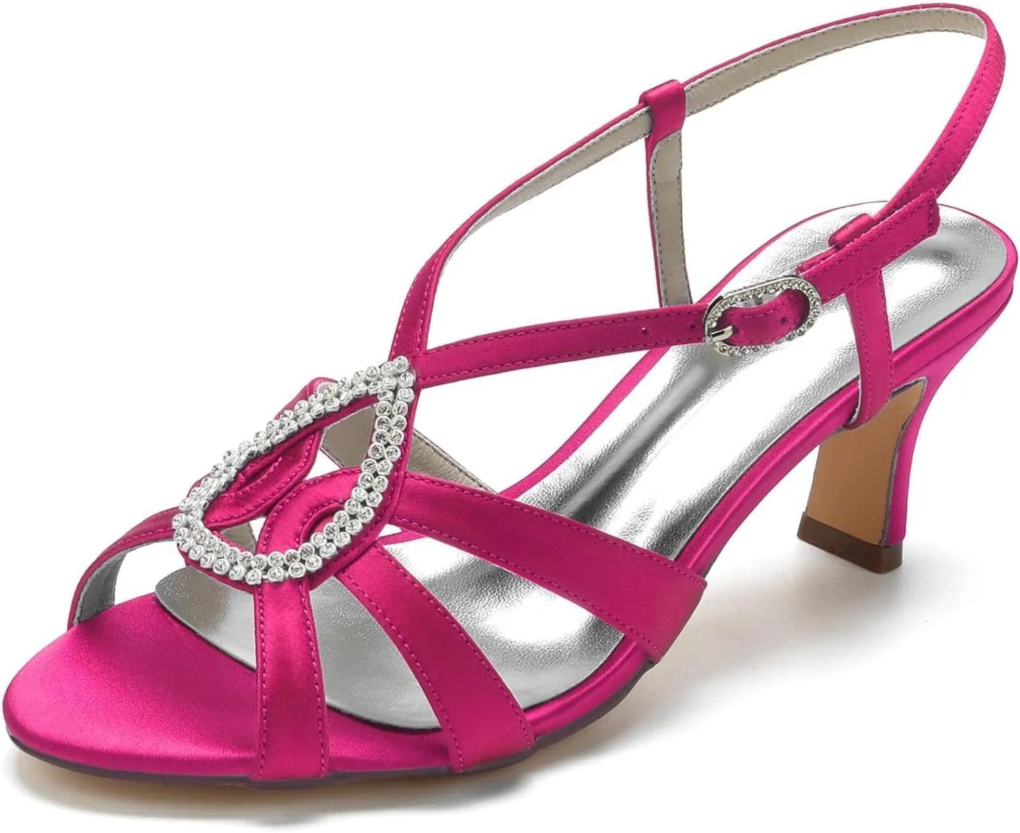 Women Retro Low Kitten Heel Rhinestone Ankle Strap Dress Sandals Open Toe Vegan Satin Shoes