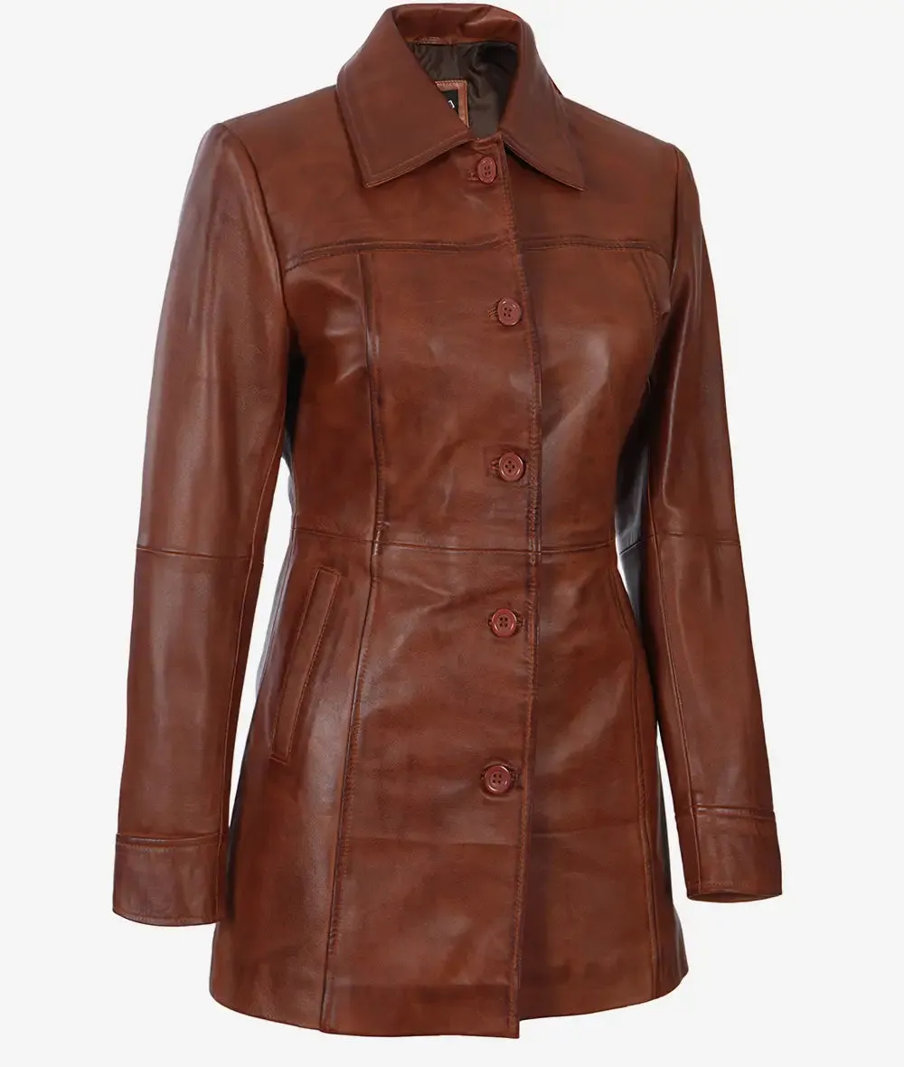 Womens Cognac Brown Leather 3/4 Length Coat