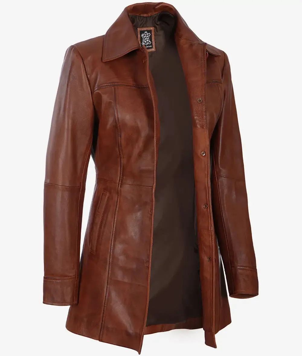 Womens Cognac Brown Leather 3/4 Length Coat