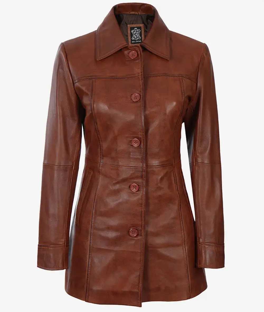 Womens Cognac Brown Leather 3/4 Length Coat