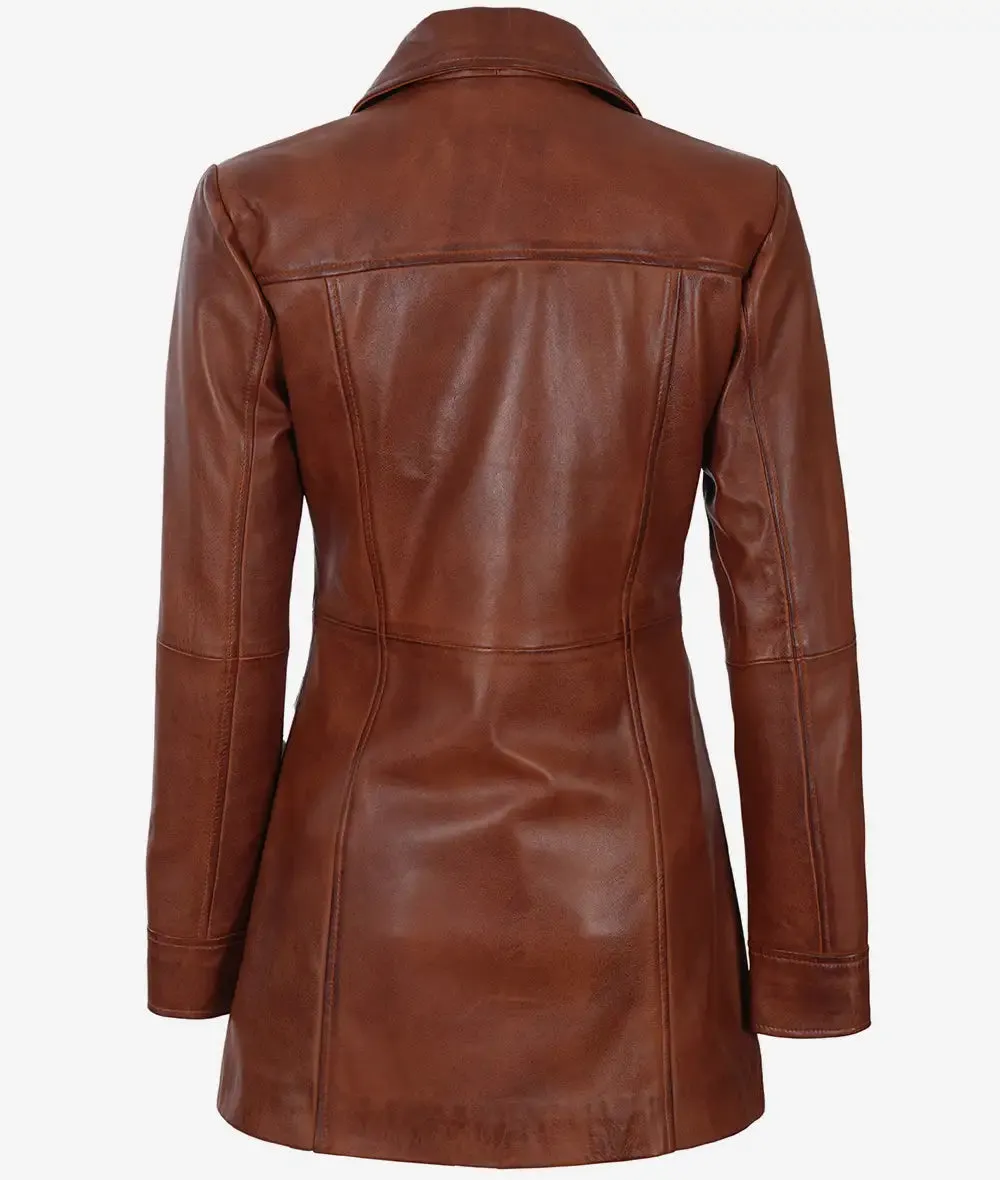 Womens Cognac Brown Leather 3/4 Length Coat