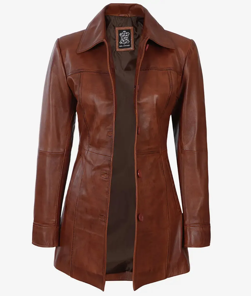 Womens Cognac Brown Leather 3/4 Length Coat