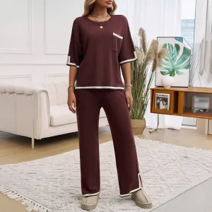 Womens Knit Lounge Set  Relaxed Fit  Wide-Leg Pants  Contrast Trim  Soft Feel