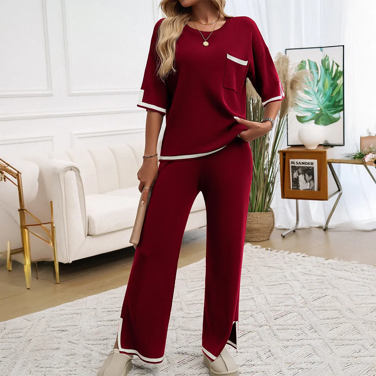 Womens Knit Lounge Set  Relaxed Fit  Wide-Leg Pants  Contrast Trim  Soft Feel
