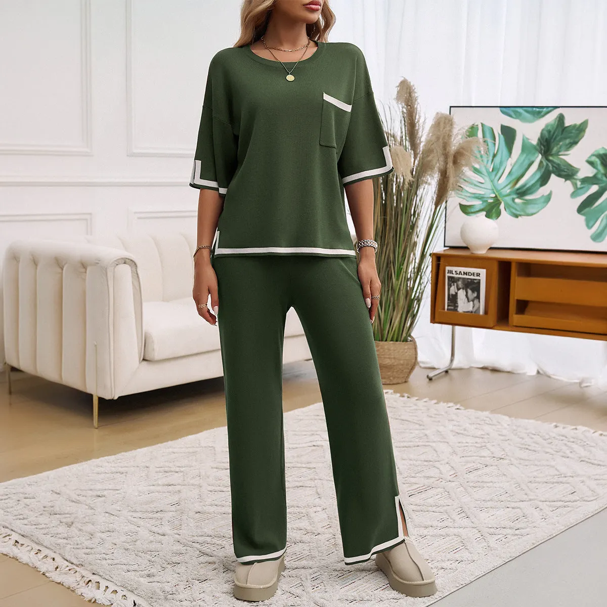 Womens Knit Lounge Set  Relaxed Fit  Wide-Leg Pants  Contrast Trim  Soft Feel