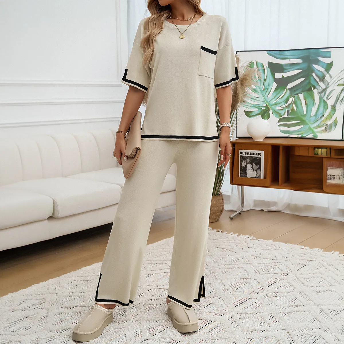 Womens Knit Lounge Set  Relaxed Fit  Wide-Leg Pants  Contrast Trim  Soft Feel