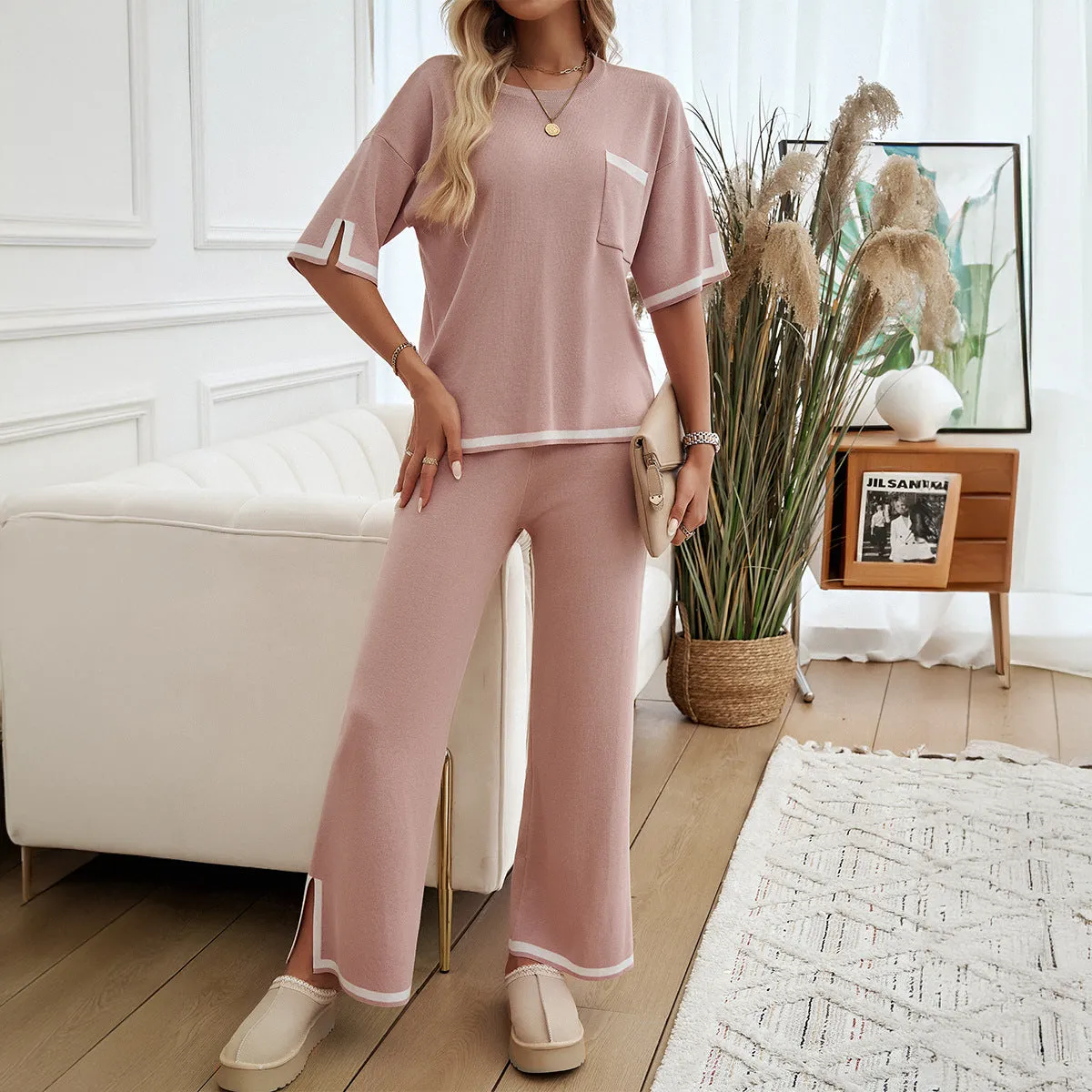 Womens Knit Lounge Set  Relaxed Fit  Wide-Leg Pants  Contrast Trim  Soft Feel