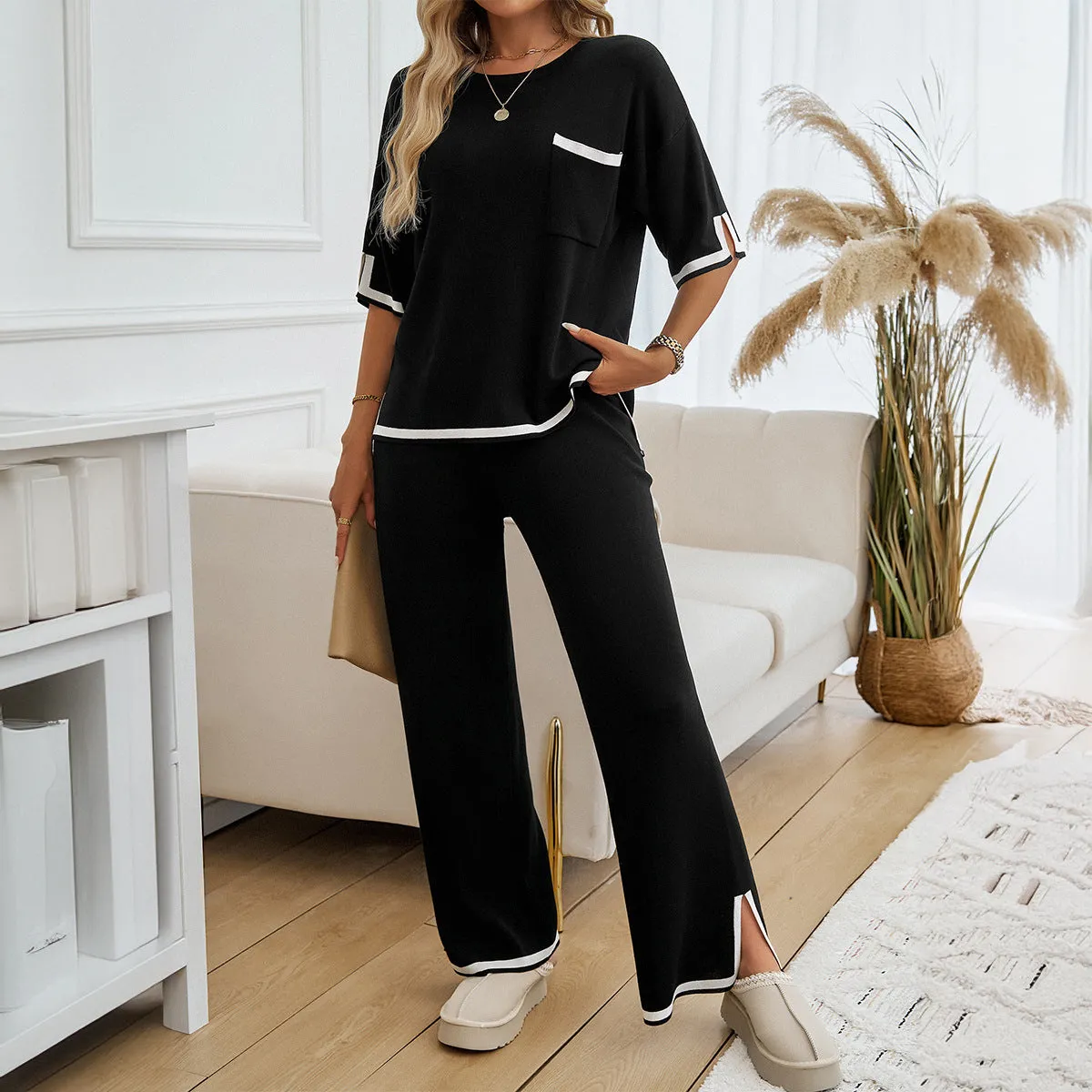 Womens Knit Lounge Set  Relaxed Fit  Wide-Leg Pants  Contrast Trim  Soft Feel