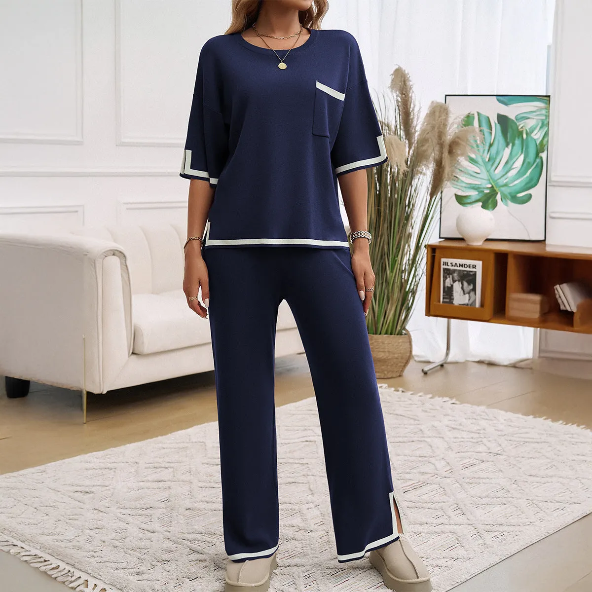 Womens Knit Lounge Set  Relaxed Fit  Wide-Leg Pants  Contrast Trim  Soft Feel